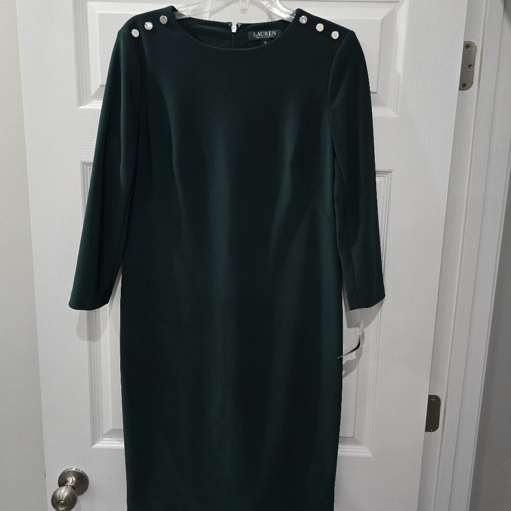 Lauren Ralph Lauren Dark Green Sheath Dress With Metallic Buttons Size 10